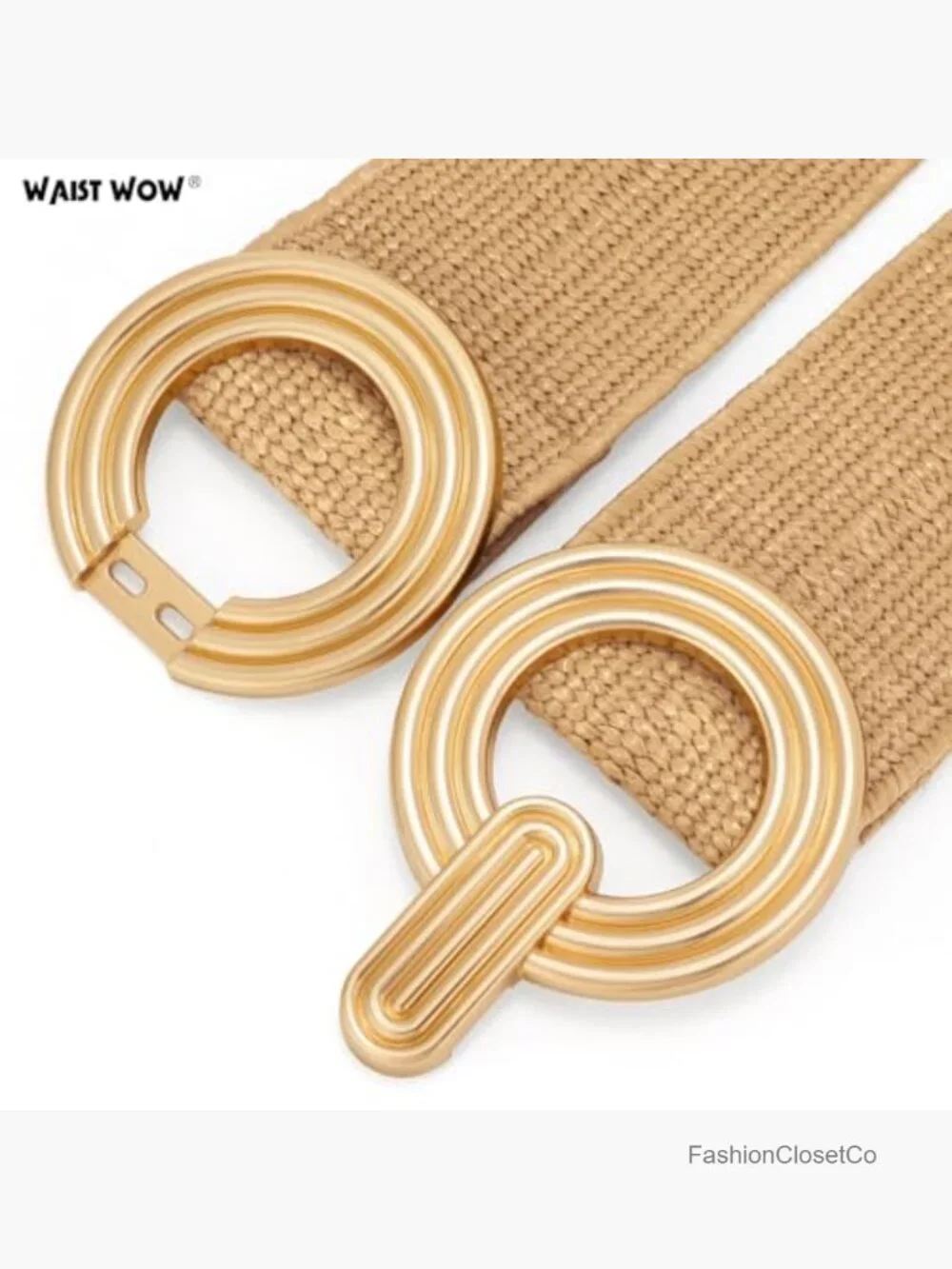 Straw Woven Elastic Stretchy Belt with Gold Buckle for Dresses